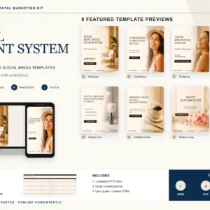 Smile Luxe Dental social media template kit with laptop, phone, eight actual templates and content planner