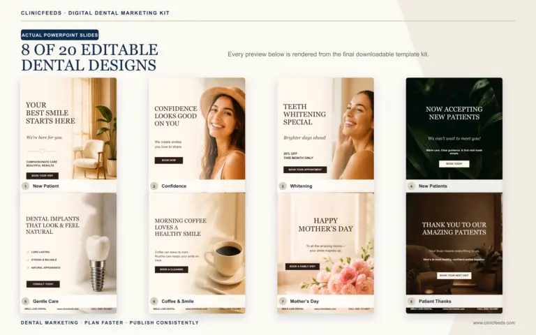 Eight actual editable Smile Luxe dental PowerPoint social media templates