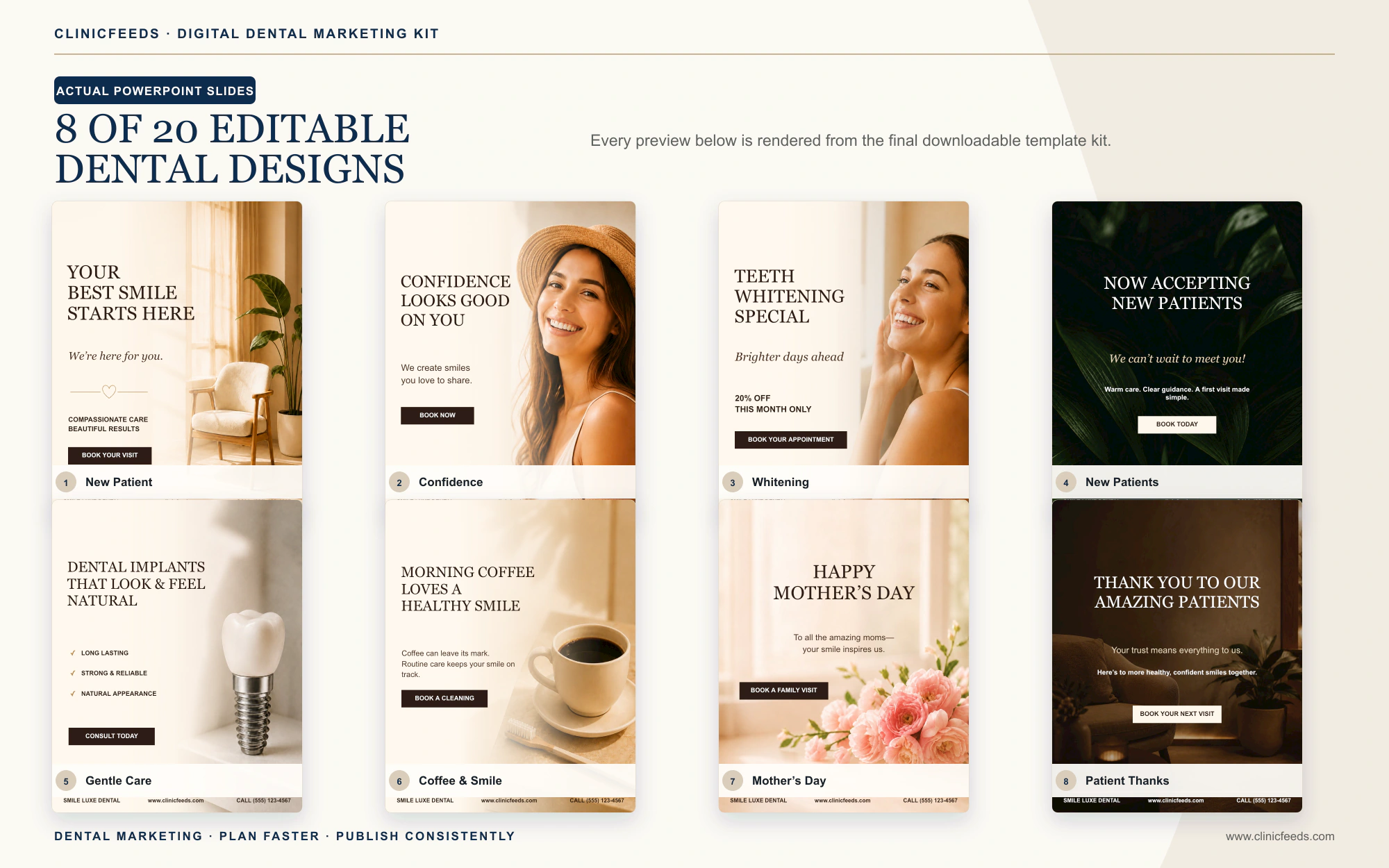 Eight editable Smile Luxe dental post designs with warm editorial colors and varied treatment themes