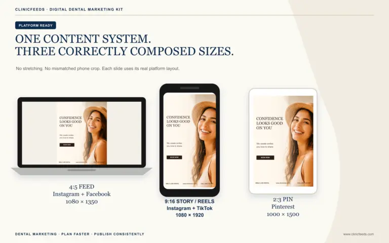 Correctly composed dental templates for 4:5 Feed, 9:16 Story and 2:3 Pinterest Pin
