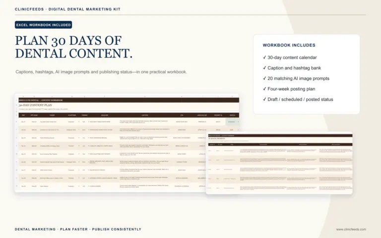 Dental Excel content planner with 30-day calendar captions hashtags and AI image prompts