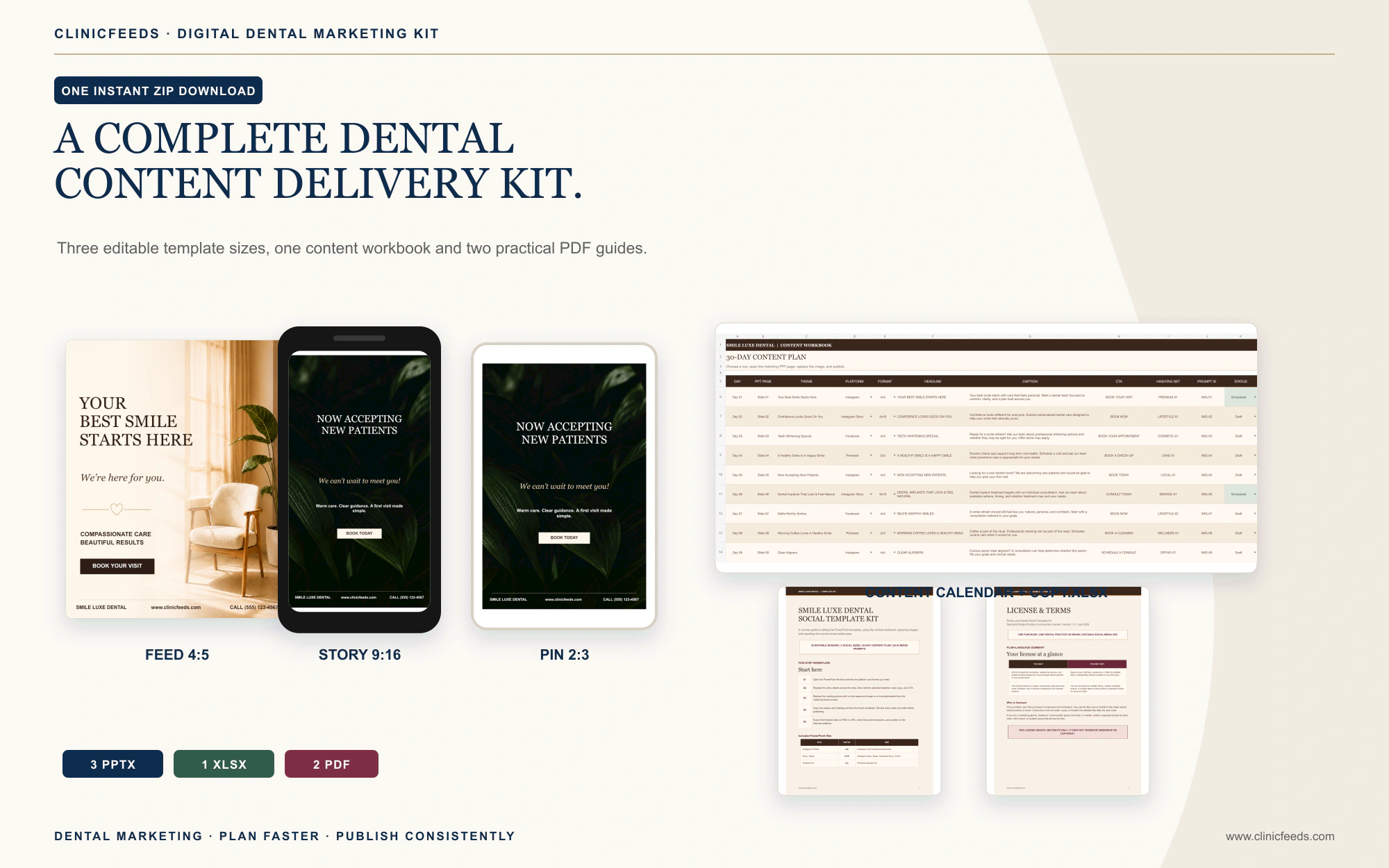 Smile Luxe dental template bundle with three PowerPoint sizes Excel workbook and PDF guides