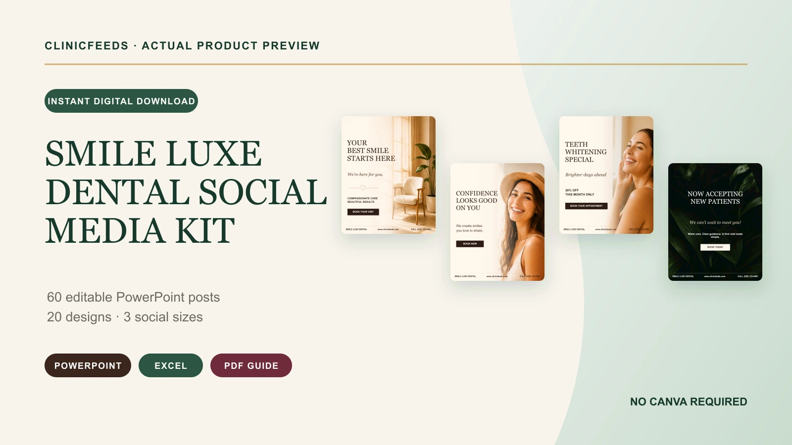 Smile Luxe Dental social media template kit with four actual editable PowerPoint designs