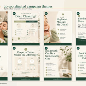 Dental-Hygiene-Gum-Health-Campaign-Kit-02-eight-templates Eight actual editable dental hygiene and gum-health template previews from the finished 4:5 PowerPoint deck.