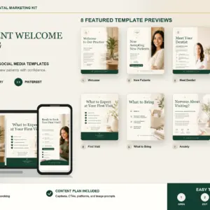 New Patient Welcome dental social media template kit with laptop, phone, eight actual templates, and content planner.