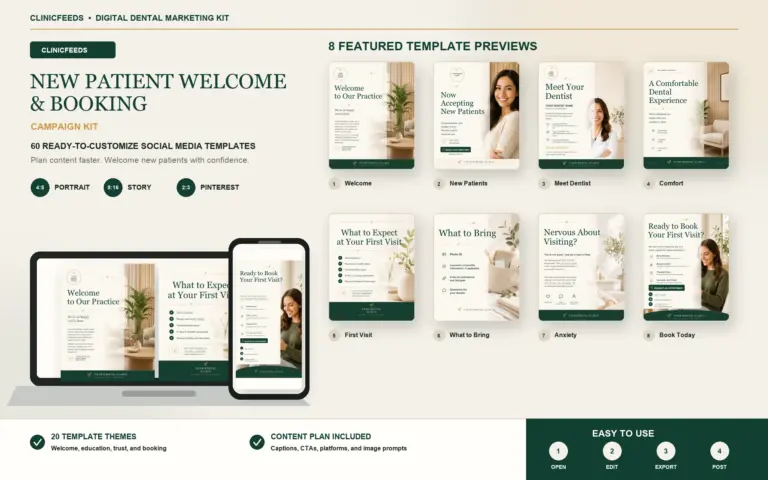 New Patient Welcome dental social media template kit with laptop, phone, eight actual templates, and content planner.