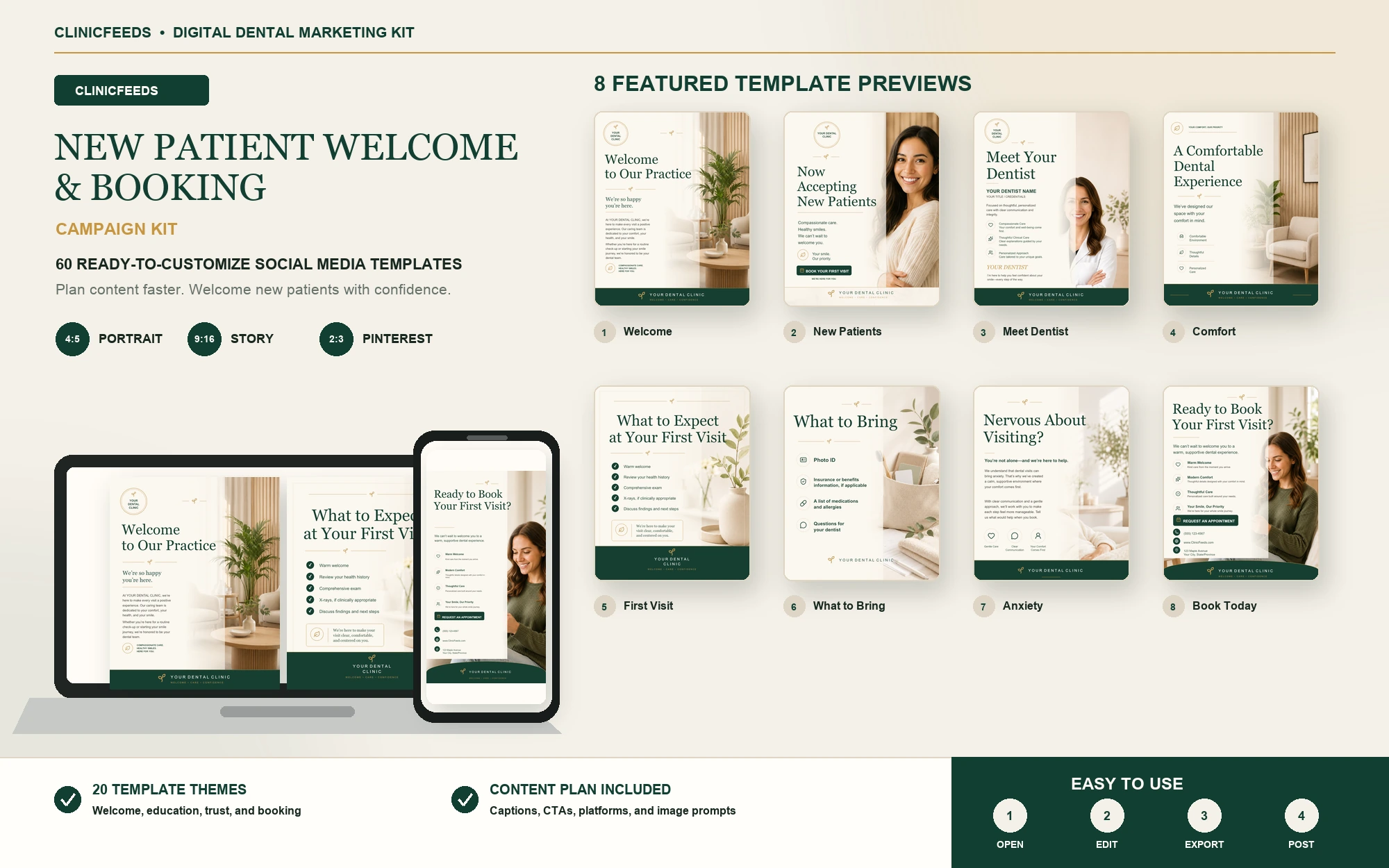 New Patient Welcome dental social media template kit with laptop, phone, eight actual templates, and content planner.
