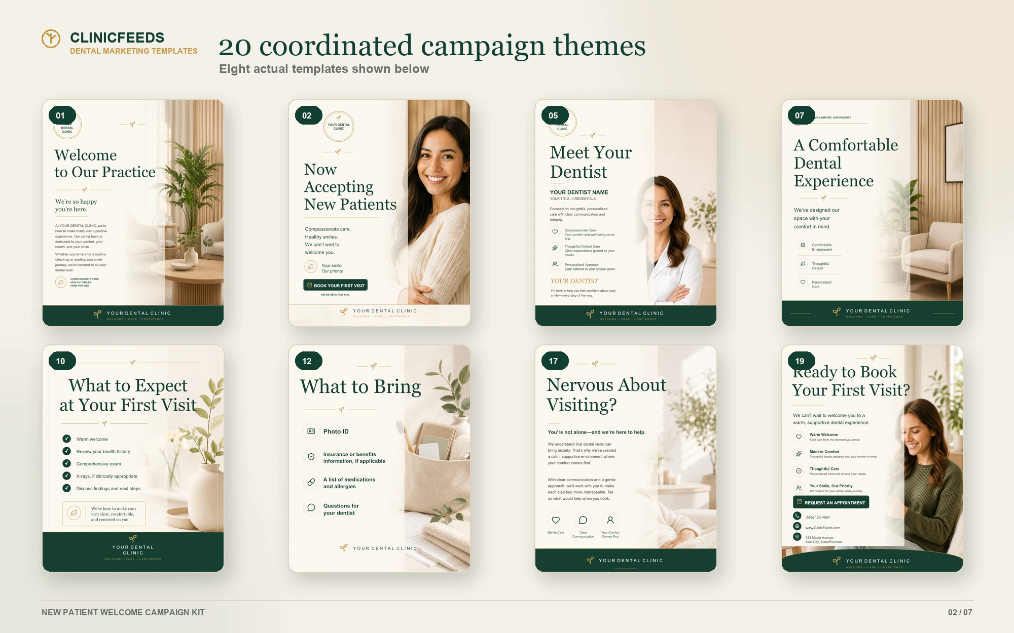 Eight actual editable new patient dental PowerPoint template previews.