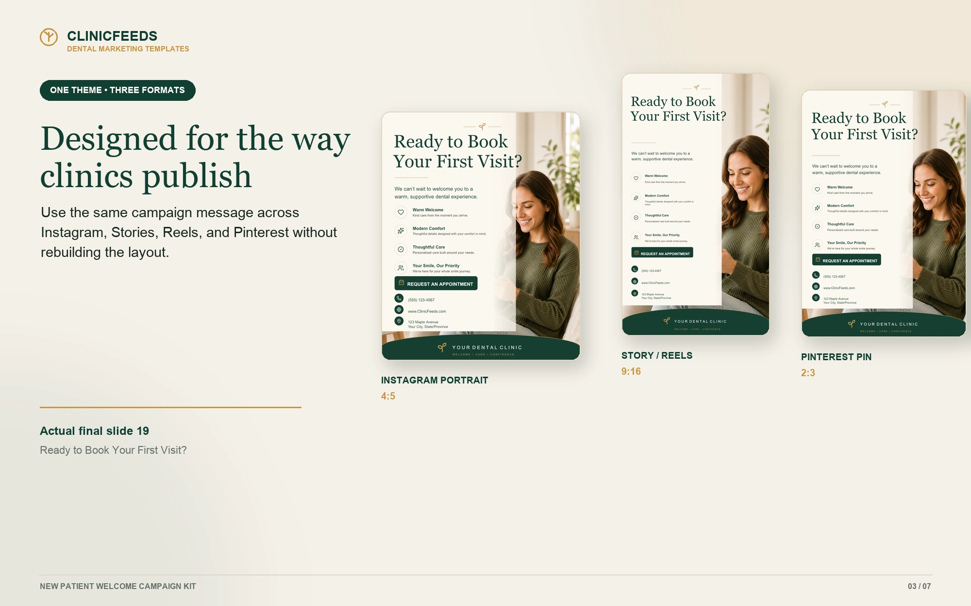 New patient dental templates in 4:5 Instagram Portrait, 9:16 Story/Reels, and 2:3 Pinterest formats.
