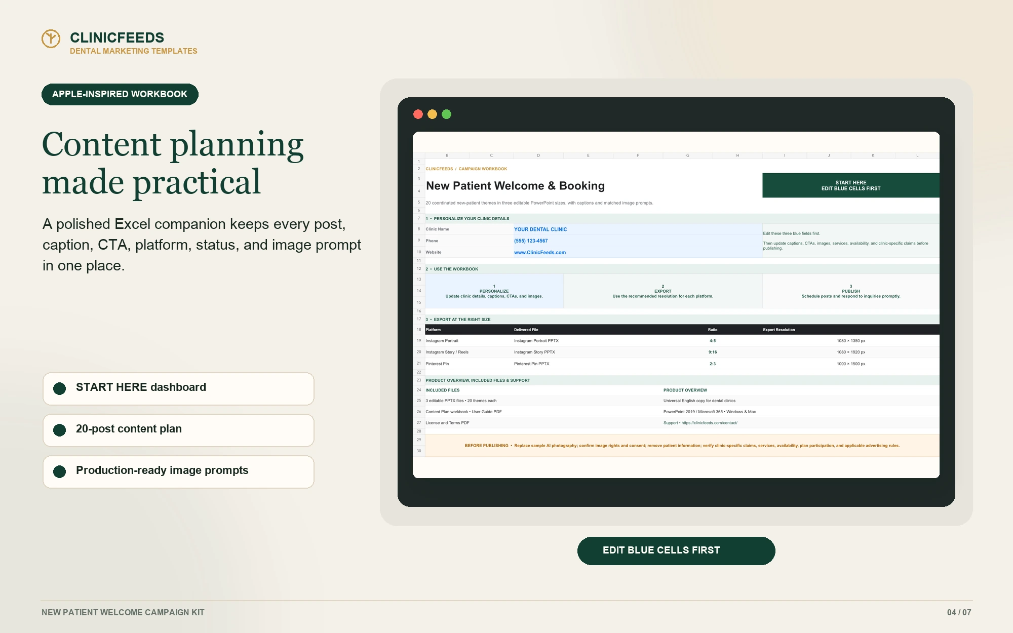 Dental Excel content plan with 20 themes, captions, calls to action, status tracking, and image prompts.