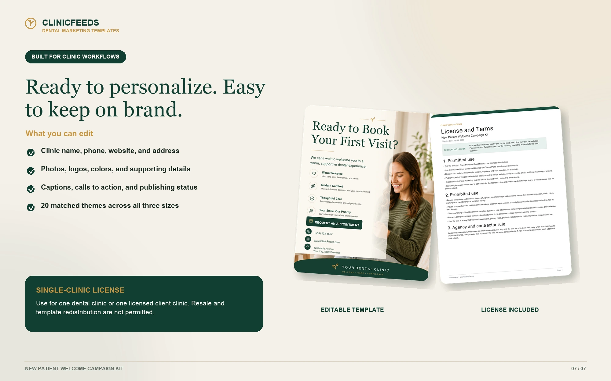 Editable new patient dental templates with clinic fields and a single-clinic commercial license.