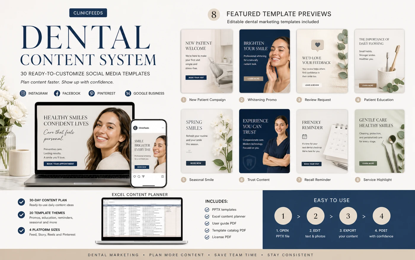 ClinicFeeds Dental Content System mockup showing dental social media templates, content calendar, planner, and editable files