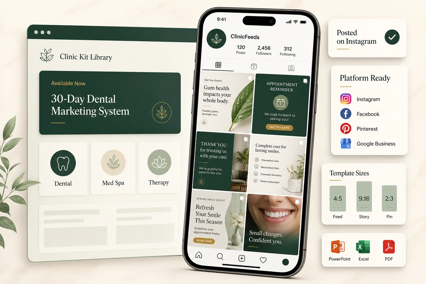 ClinicFeeds products mockup showing social media templates published on a mobile Instagram-style feed with platform logos and template sizes