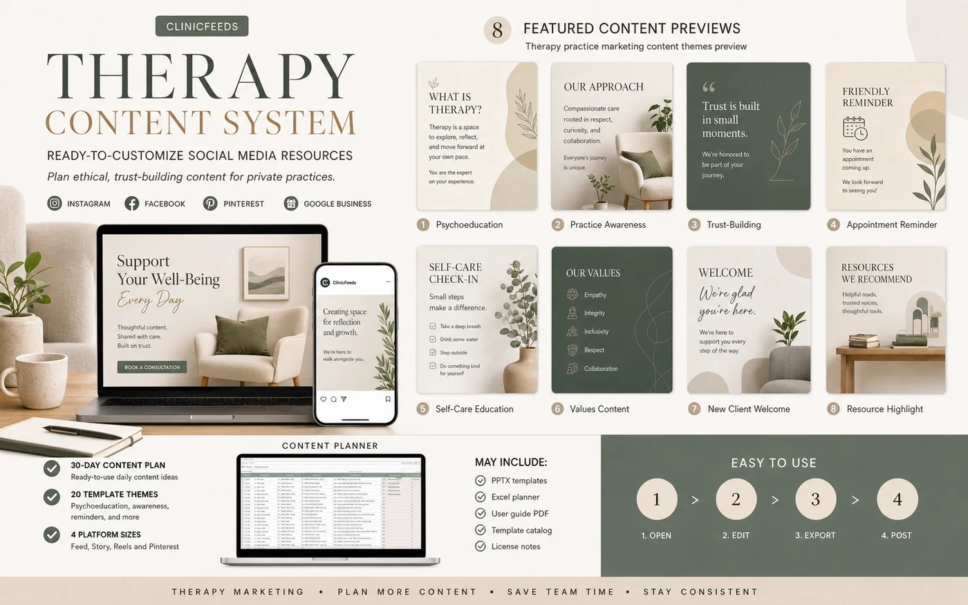 ClinicFeeds Therapy Content System mockup showing psychoeducation, practice awareness, content planner, and editable marketing resource previews
