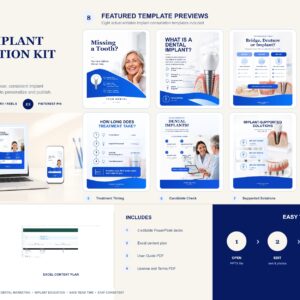 Dental implant consultation social media campaign kit with eight editable template previews