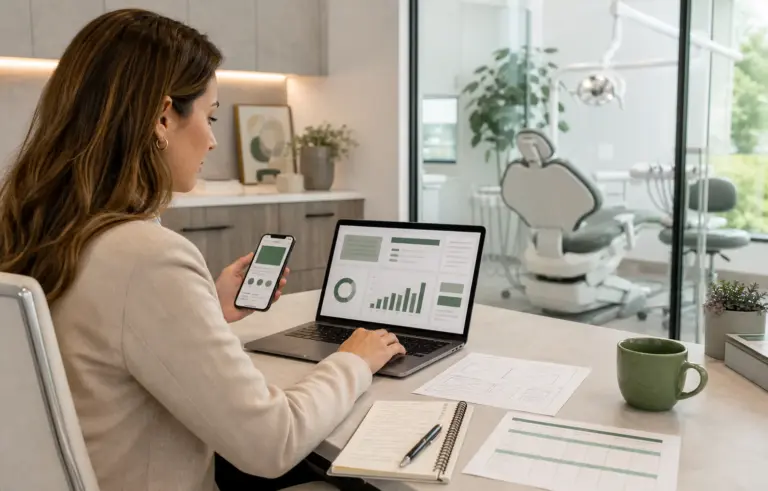 Dental practice manager reviewing dental advertising performance and landing page plans