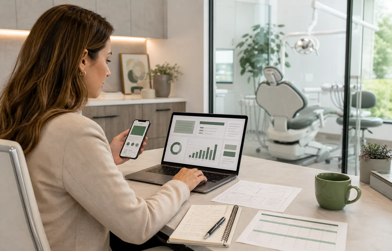 Dental practice manager reviewing dental advertising performance and landing page plans