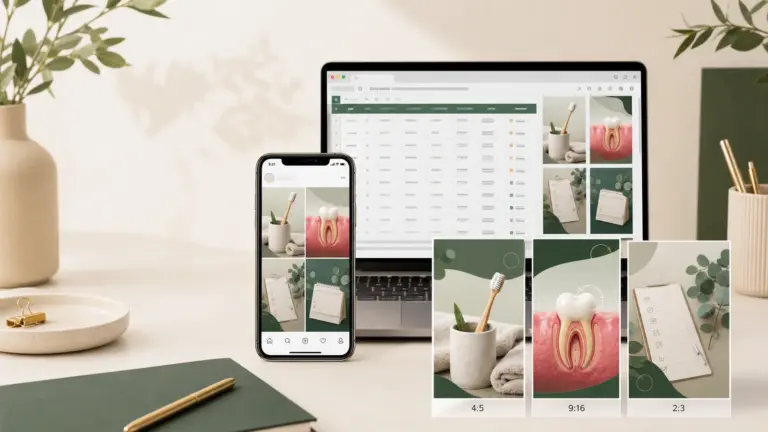 Dental hygiene social media content plan with feed, Story and Pinterest template previews