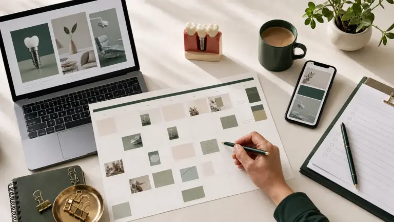 Dental practice manager reviewing a 30-day dental implant social media content calendar