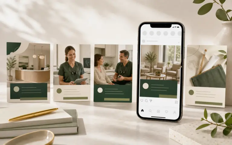 Dental Instagram post ideas for new patients shown as four 4:5 feed templates and a mobile clinic profile