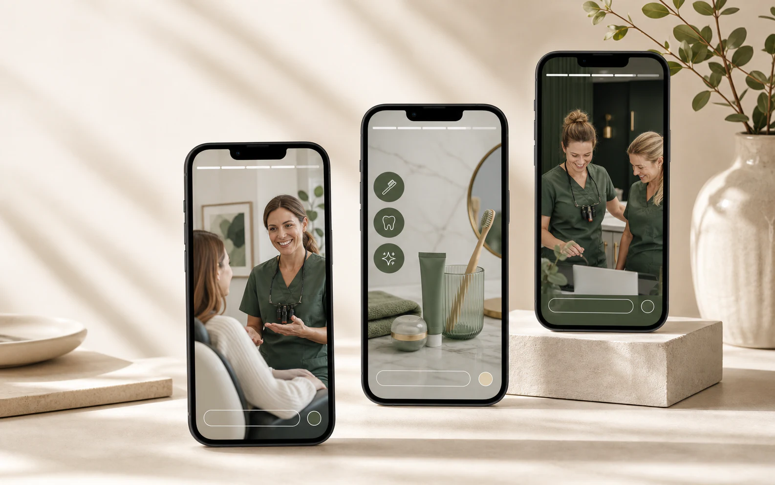 Dental Instagram Story ideas shown on three 9:16 mobile previews for a private dental practice