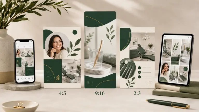 Dental social media templates shown in 4:5, 9:16 and 2:3 post sizes