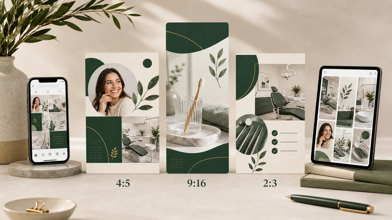 Dental social media templates shown in 4:5, 9:16 and 2:3 post sizes