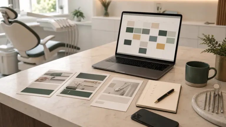Dental office content planning desk with static social media templates and no staff filming
