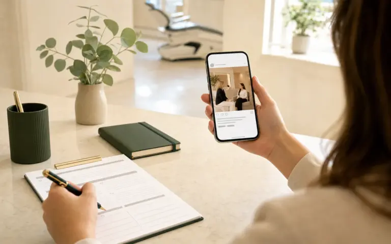 Dental practice marketing coordinator reviewing a new-patient Instagram caption on a phone and planning worksheet