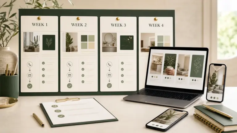Four-week new patient dental social media campaign plan with weekly content and booking workflow