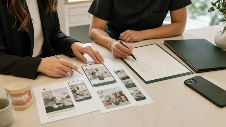 Dental practice owner and office manager reviewing a dental social media approval checklist before publishing