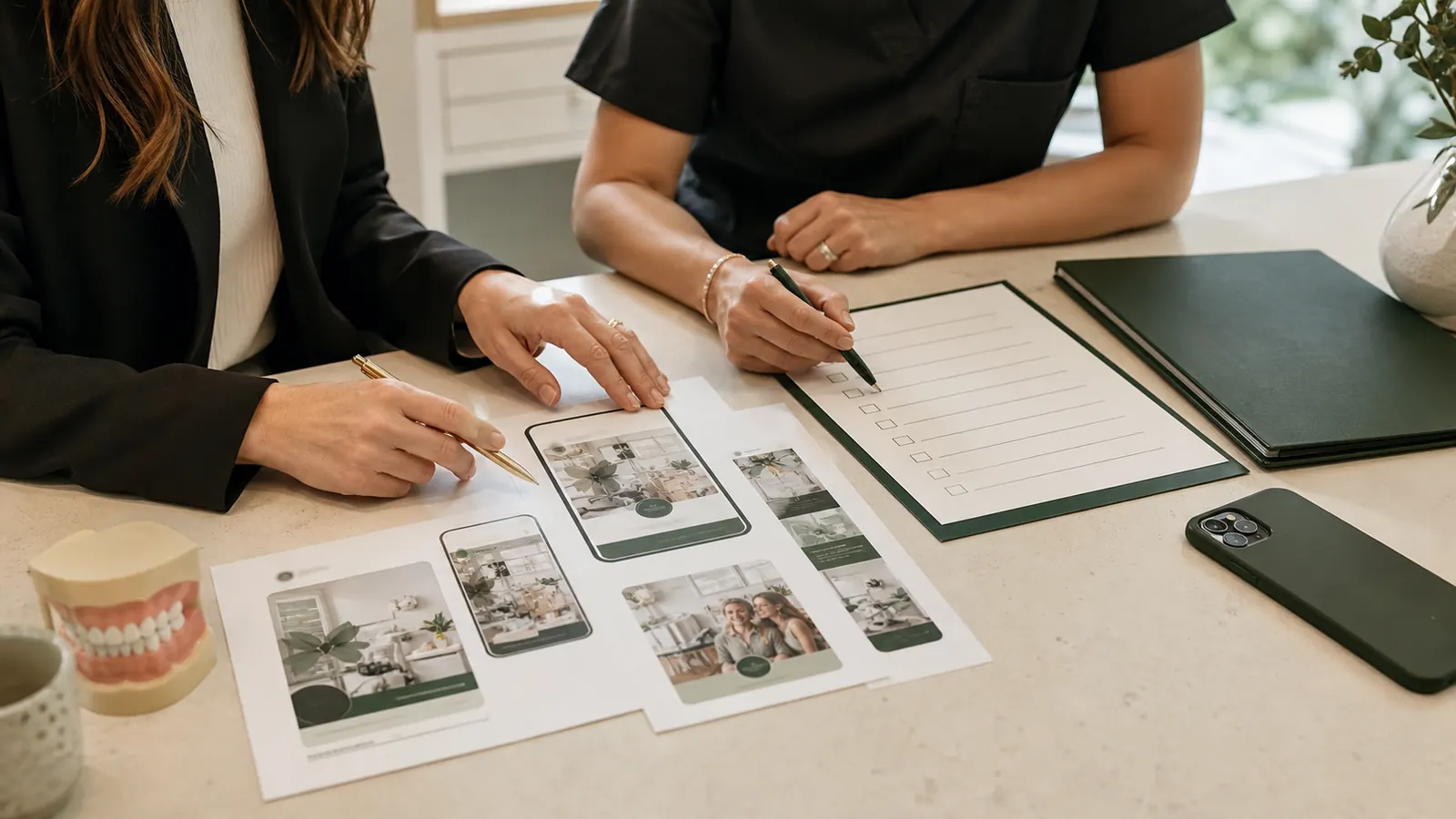 Dental practice owner and office manager reviewing a dental social media approval checklist before publishing