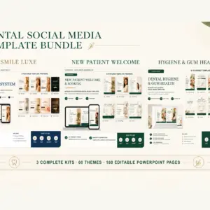 Dental social media template bundle with Smile Luxe, New Patient Welcome, and Hygiene and Gum Health kits