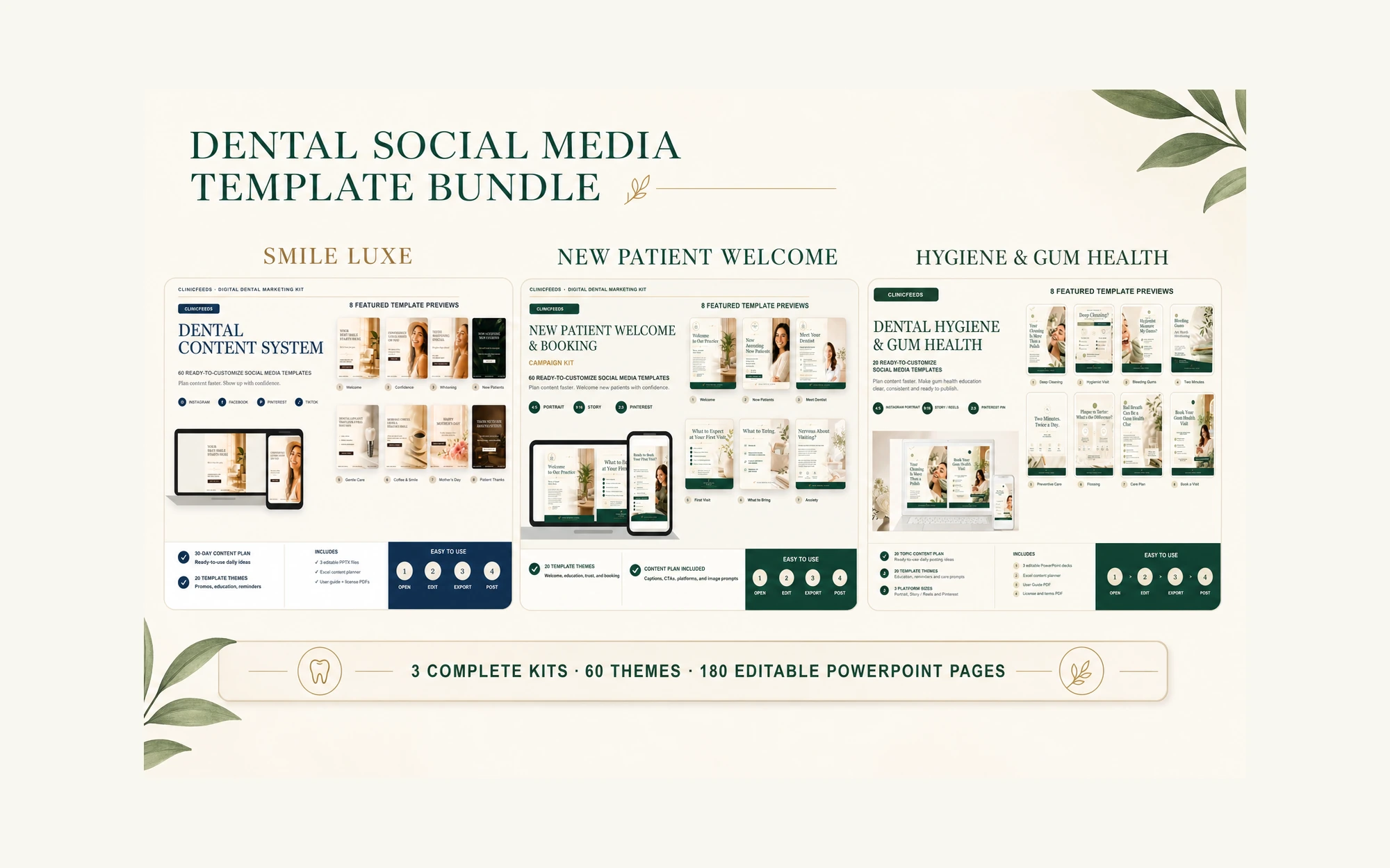 Dental social media template bundle with Smile Luxe, New Patient Welcome, and Hygiene and Gum Health kits
